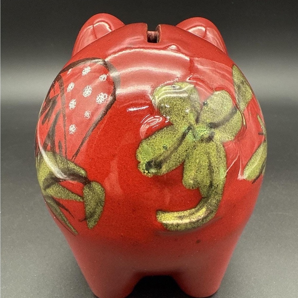 Vtg Stoneware/Ceramic Red Piggy Bank Glazed Pig Mushroom Floral 1979 Germany - Picture 4 of 10